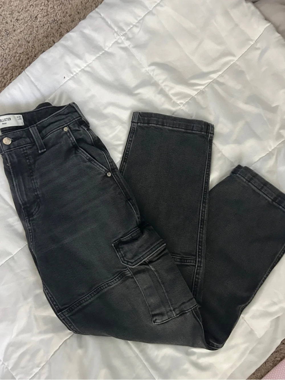 Hollister Men's Black Baggy Jean Pants with Side Utility Pockets